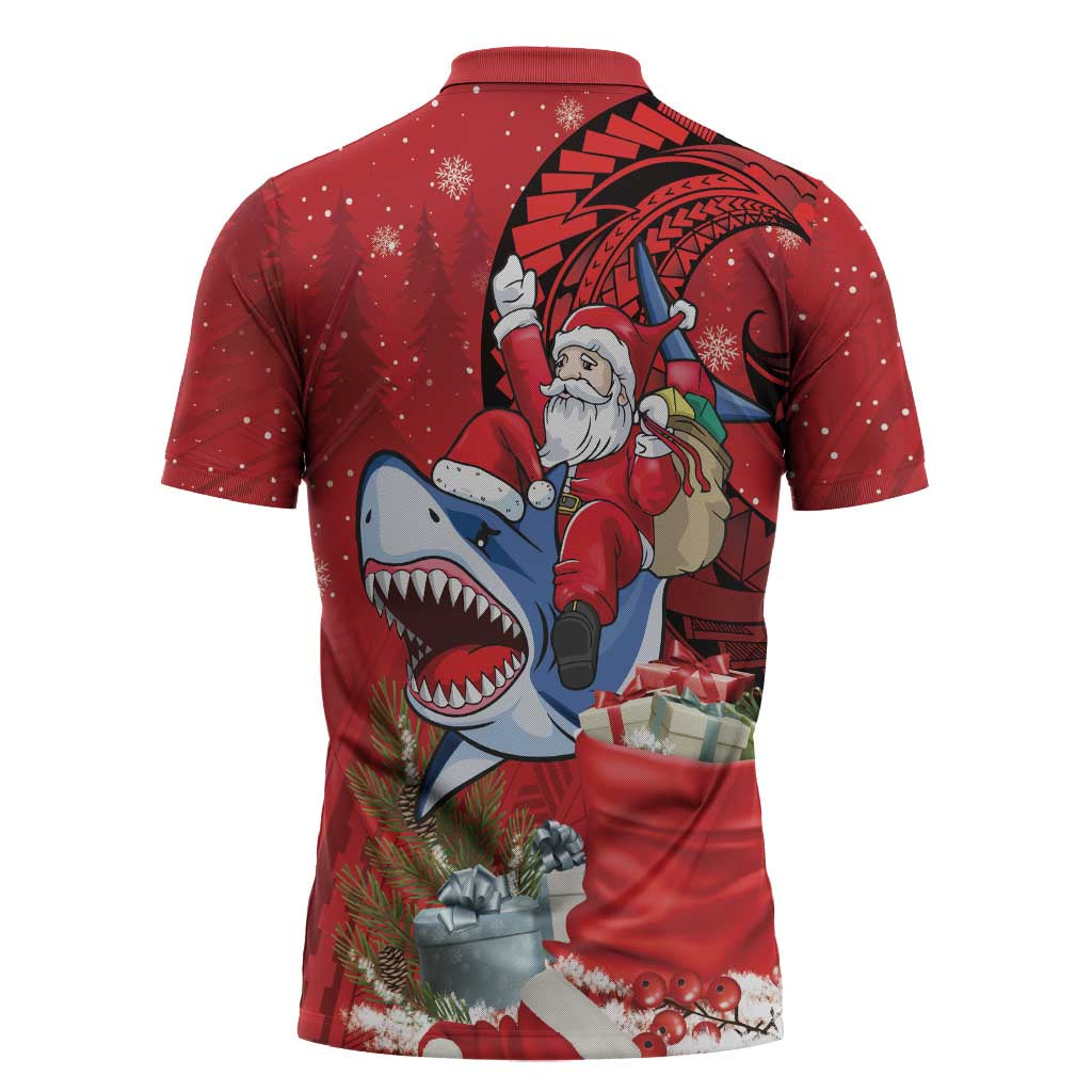 Funny Santa Riding Shark Zipper Polo Shirt Polynesian Tribal Christmas Spirit LT9 - Polynesian Pride