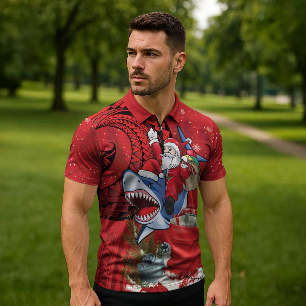 Funny Santa Riding Shark Zipper Polo Shirt Polynesian Tribal Christmas Spirit LT9 - Polynesian Pride