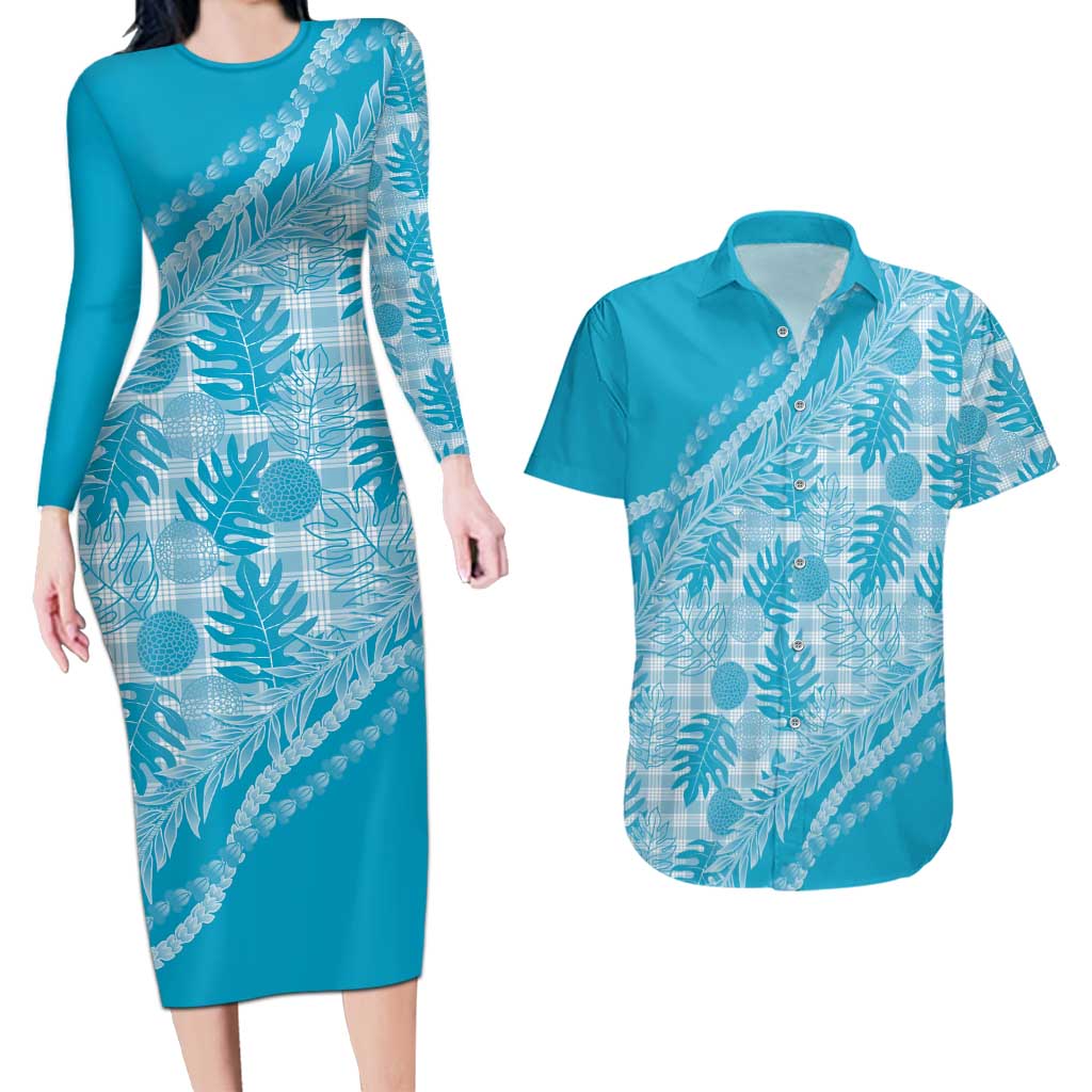 Hawaii Breadfruit Palaka Couples Matching Long Sleeve Bodycon Dress and Hawaiian Shirt Polu Maile Lei LT9 Blue - Polynesian Pride