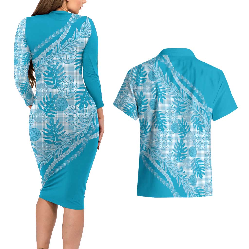 Hawaii Breadfruit Palaka Couples Matching Long Sleeve Bodycon Dress and Hawaiian Shirt Polu Maile Lei LT9 - Polynesian Pride