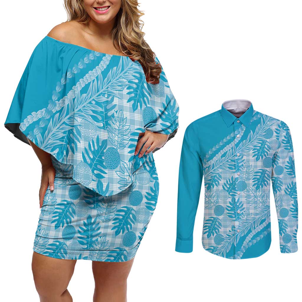 Hawaii Breadfruit Palaka Couples Matching Off Shoulder Short Dress and Long Sleeve Button Shirt Polu Maile Lei - Polynesian Pride