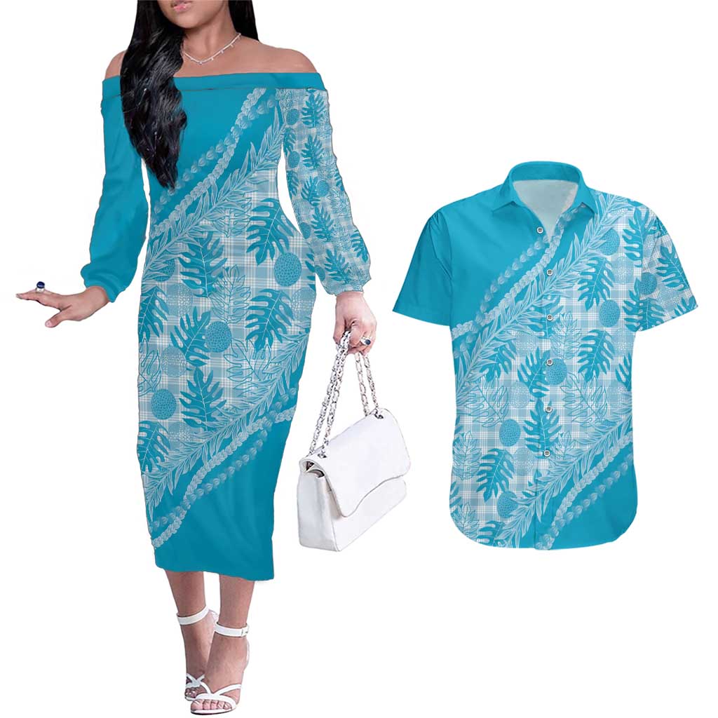 Hawaii Breadfruit Palaka Couples Matching Off The Shoulder Long Sleeve Dress and Hawaiian Shirt Polu Maile Lei LT9 Blue - Polynesian Pride