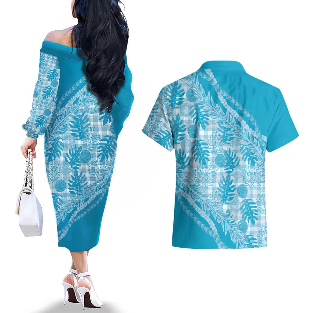 Hawaii Breadfruit Palaka Couples Matching Off The Shoulder Long Sleeve Dress and Hawaiian Shirt Polu Maile Lei LT9 - Polynesian Pride