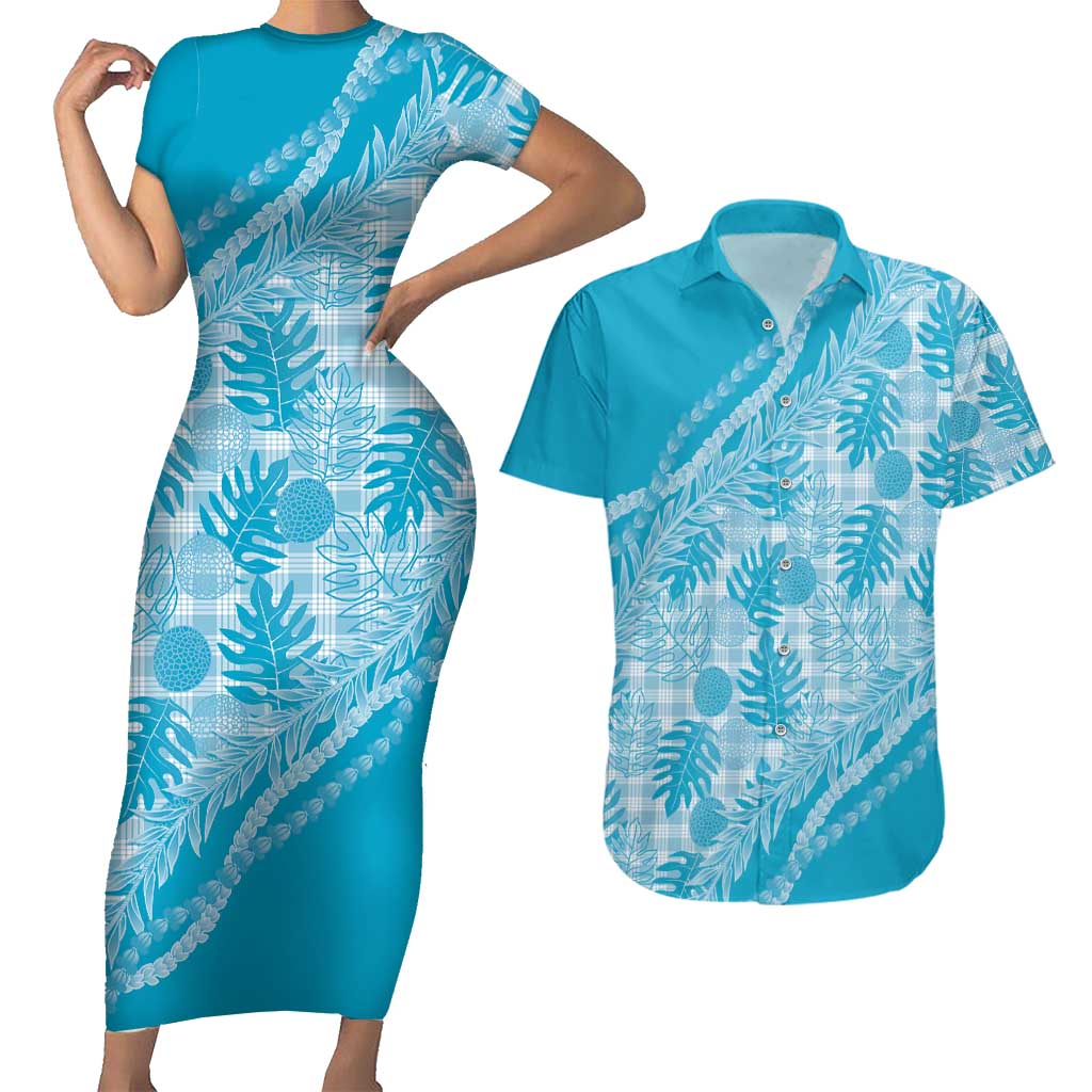 Hawaii Breadfruit Palaka Couples Matching Short Sleeve Bodycon Dress and Hawaiian Shirt Polu Maile Lei LT9 Blue - Polynesian Pride