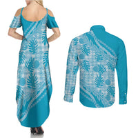 Hawaii Breadfruit Palaka Couples Matching Summer Maxi Dress and Long Sleeve Button Shirt Polu Maile Lei - Polynesian Pride