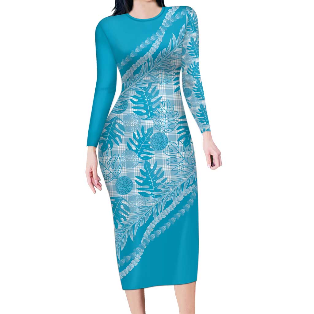 Hawaii Breadfruit Palaka Family Matching Long Sleeve Bodycon Dress and Hawaiian Shirt Polu Maile Lei LT9 Mom's Dress Blue - Polynesian Pride