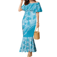Hawaii Breadfruit Palaka Family Matching Mermaid Dress and Hawaiian Shirt Polu Maile Lei LT9 Mom's Dress Blue - Polynesian Pride