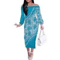 Hawaii Breadfruit Palaka Family Matching Off The Shoulder Long Sleeve Dress and Hawaiian Shirt Polu Maile Lei LT9 Mom's Dress Blue - Polynesian Pride
