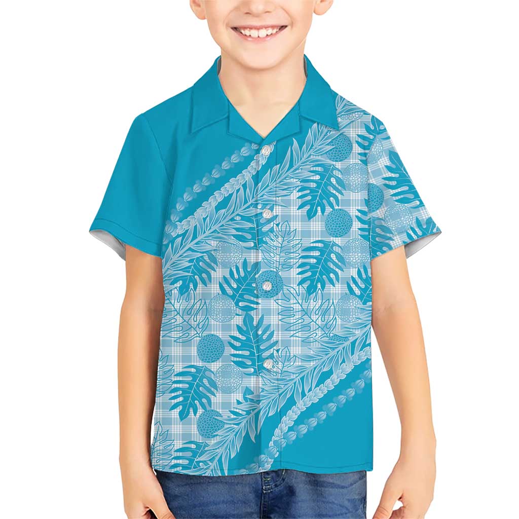 Hawaii Breadfruit Palaka Family Matching Off The Shoulder Long Sleeve Dress and Hawaiian Shirt Polu Maile Lei LT9 Son's Shirt Blue - Polynesian Pride