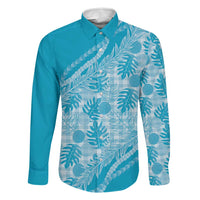 Hawaii Breadfruit Palaka Family Matching Off Shoulder Maxi Dress and Hawaiian Shirt Polu Maile Lei LT9 Dad's Shirt - Long Sleeve Blue - Polynesian Pride