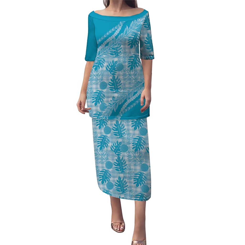 Hawaii Breadfruit Palaka Family Matching Puletasi and Hawaiian Shirt Polu Maile Lei LT9 Mom's Dress Blue - Polynesian Pride