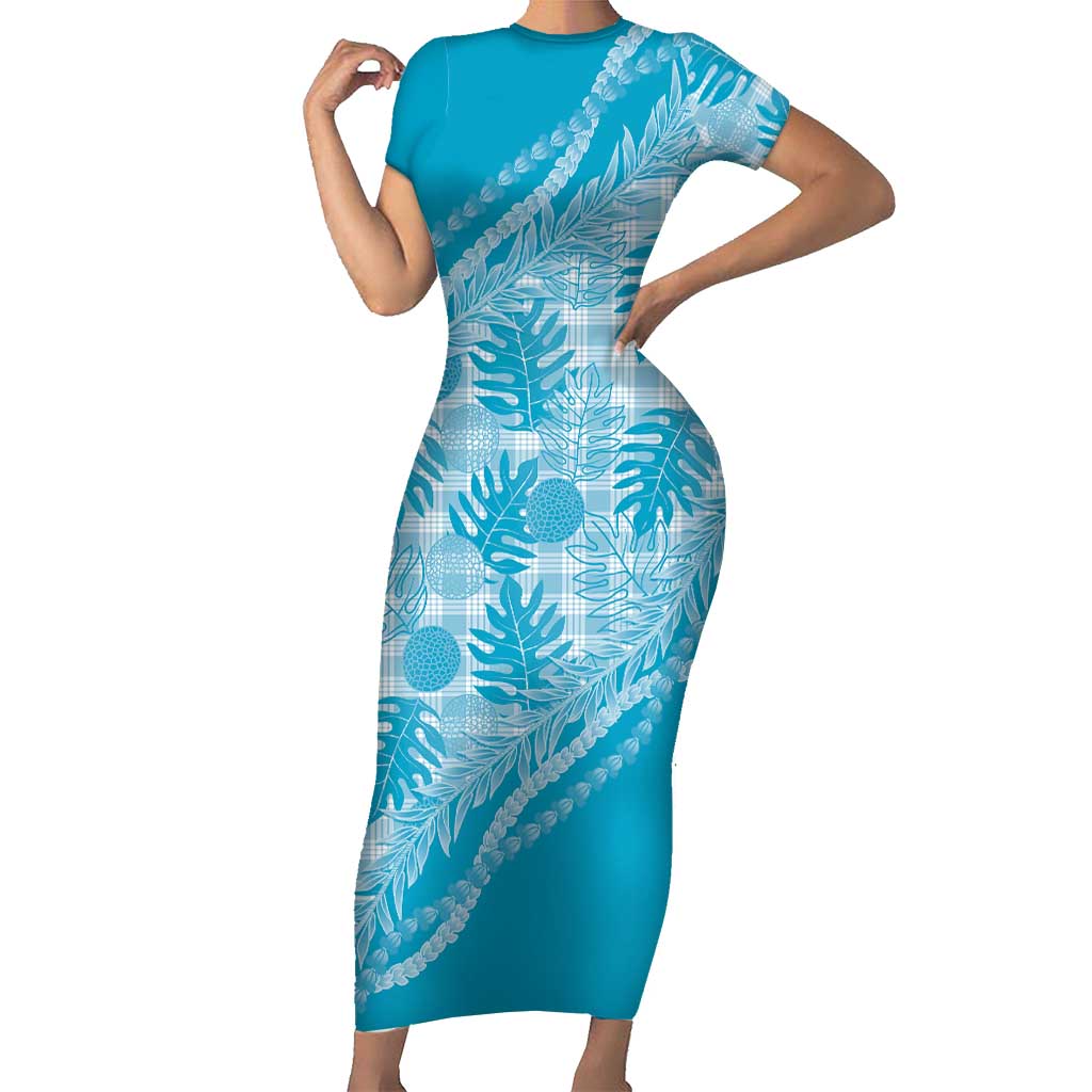 Hawaii Breadfruit Palaka Family Matching Short Sleeve Bodycon Dress and Hawaiian Shirt Polu Maile Lei LT9 Mom's Dress Blue - Polynesian Pride