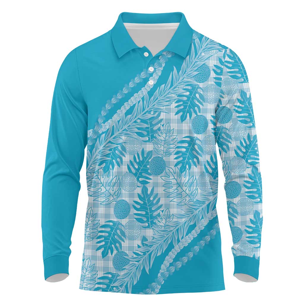 Hawaii Breadfruit Palaka Long Sleeve Polo Shirt Polu Maile Lei LT9 Blue - Polynesian Pride