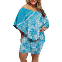 Hawaii Breadfruit Palaka Off Shoulder Short Dress Polu Maile Lei LT9 Women Blue - Polynesian Pride