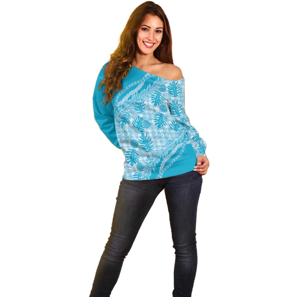 Hawaii Breadfruit Palaka Off Shoulder Sweater Polu Maile Lei - Polynesian Pride