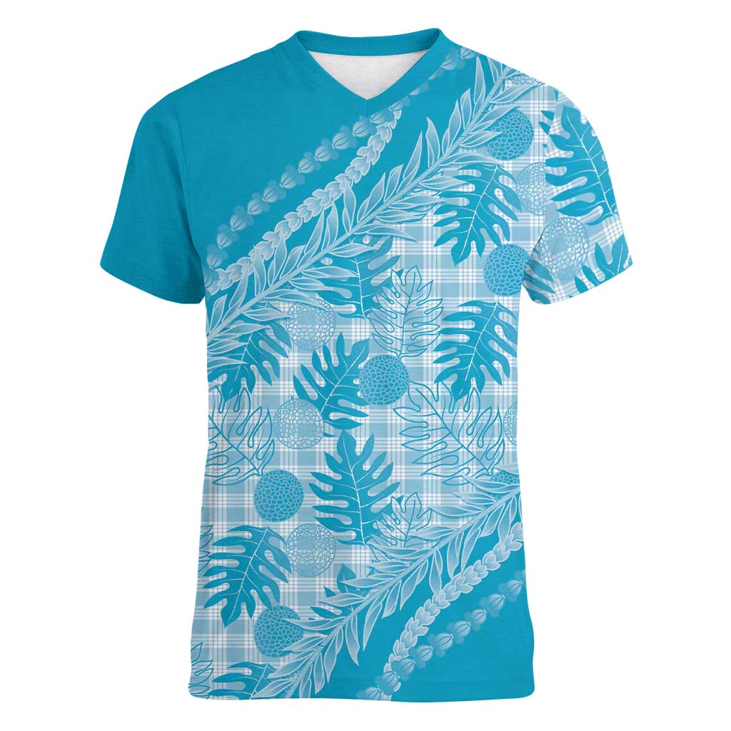 Hawaii Breadfruit Palaka Women V-Neck T-Shirt Polu Maile Lei - Polynesian Pride