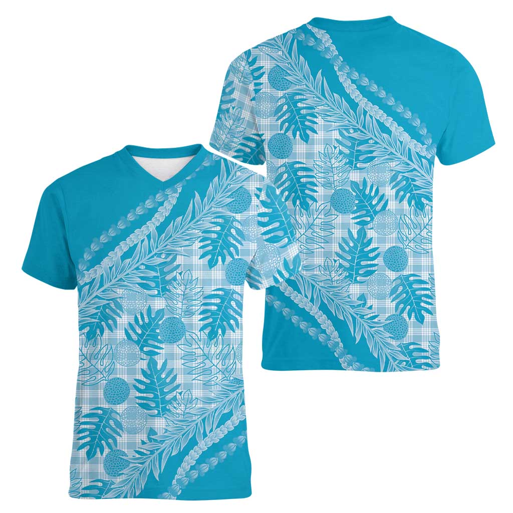 Hawaii Breadfruit Palaka Women V-Neck T-Shirt Polu Maile Lei - Polynesian Pride