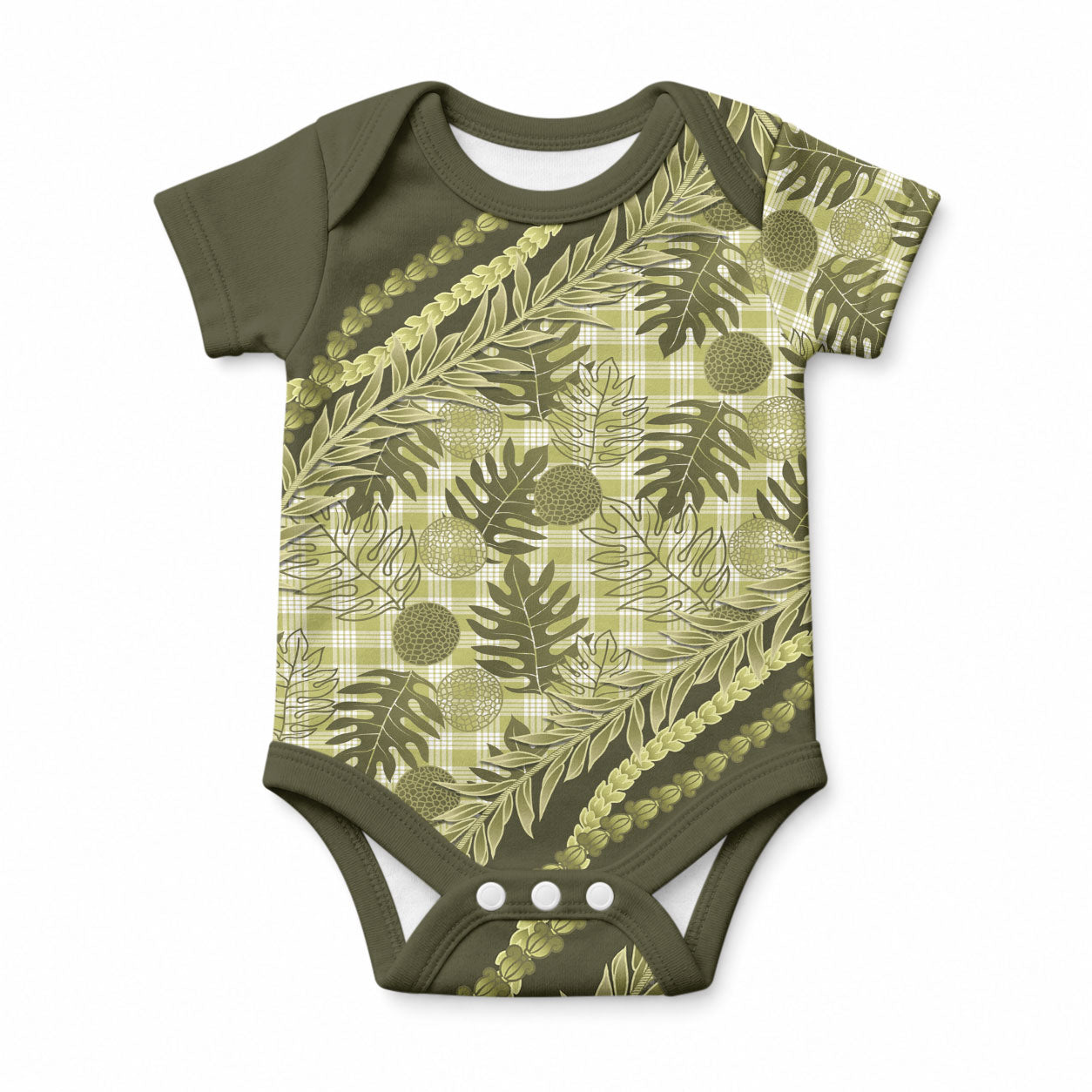 Hawaii Breadfruit Palaka Baby Onesie Omaomao Maile Lei