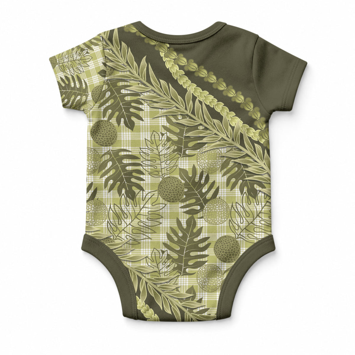Hawaii Breadfruit Palaka Baby Onesie Omaomao Maile Lei
