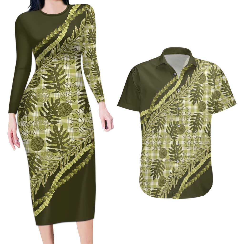 Hawaii Breadfruit Palaka Couples Matching Long Sleeve Bodycon Dress and Hawaiian Shirt Omaomao Maile Lei LT9 Green - Polynesian Pride