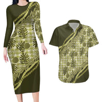 Hawaii Breadfruit Palaka Couples Matching Long Sleeve Bodycon Dress and Hawaiian Shirt Omaomao Maile Lei LT9 Green - Polynesian Pride