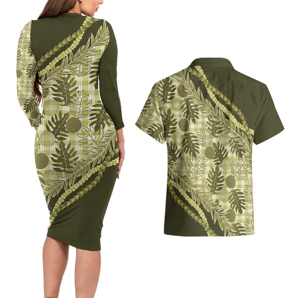Hawaii Breadfruit Palaka Couples Matching Long Sleeve Bodycon Dress and Hawaiian Shirt Omaomao Maile Lei LT9 - Polynesian Pride