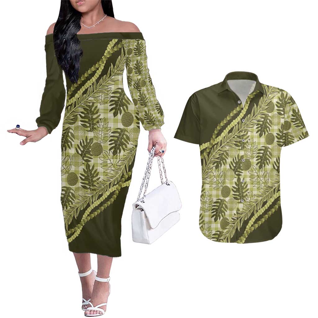 Hawaii Breadfruit Palaka Couples Matching Off The Shoulder Long Sleeve Dress and Hawaiian Shirt Omaomao Maile Lei LT9 Green - Polynesian Pride