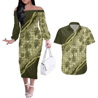 Hawaii Breadfruit Palaka Couples Matching Off The Shoulder Long Sleeve Dress and Hawaiian Shirt Omaomao Maile Lei LT9 Green - Polynesian Pride