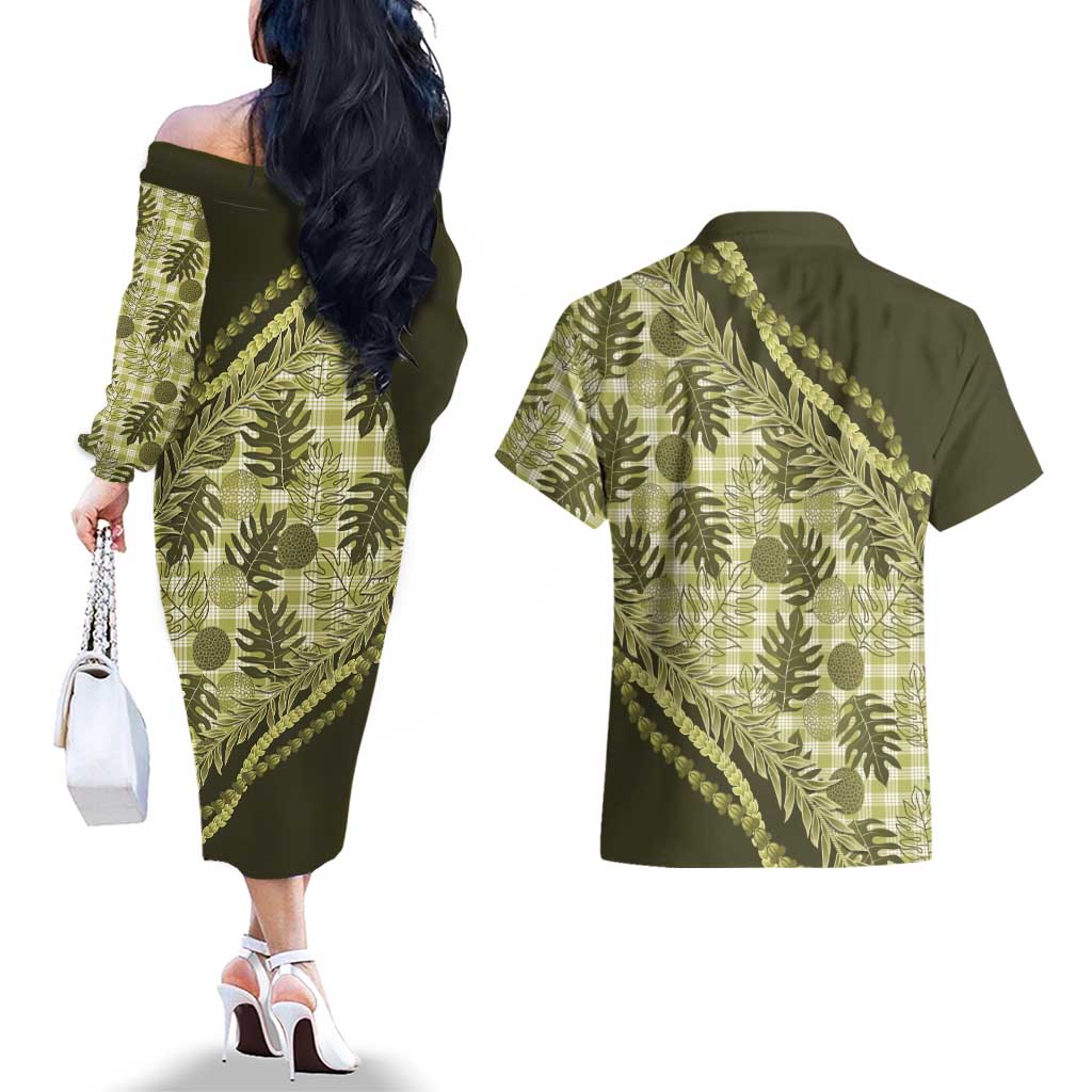 Hawaii Breadfruit Palaka Couples Matching Off The Shoulder Long Sleeve Dress and Hawaiian Shirt Omaomao Maile Lei LT9 - Polynesian Pride