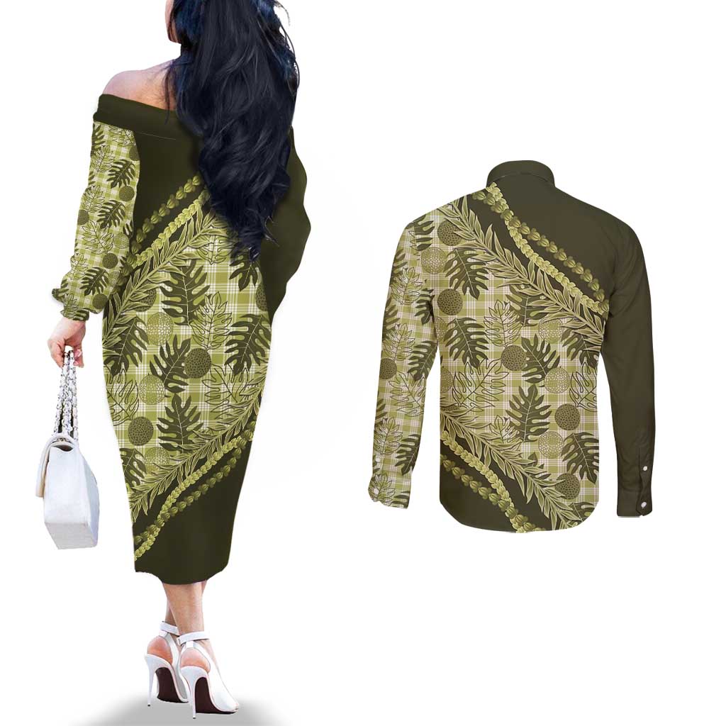 Hawaii Breadfruit Palaka Couples Matching Off The Shoulder Long Sleeve Dress and Long Sleeve Button Shirt Omaomao Maile Lei LT9 - Polynesian Pride