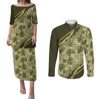 Hawaii Breadfruit Palaka Couples Matching Puletasi and Long Sleeve Button Shirt Omaomao Maile Lei - Polynesian Pride