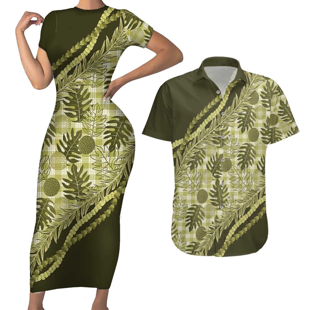 Hawaii Breadfruit Palaka Couples Matching Short Sleeve Bodycon Dress and Hawaiian Shirt Omaomao Maile Lei LT9 Green - Polynesian Pride