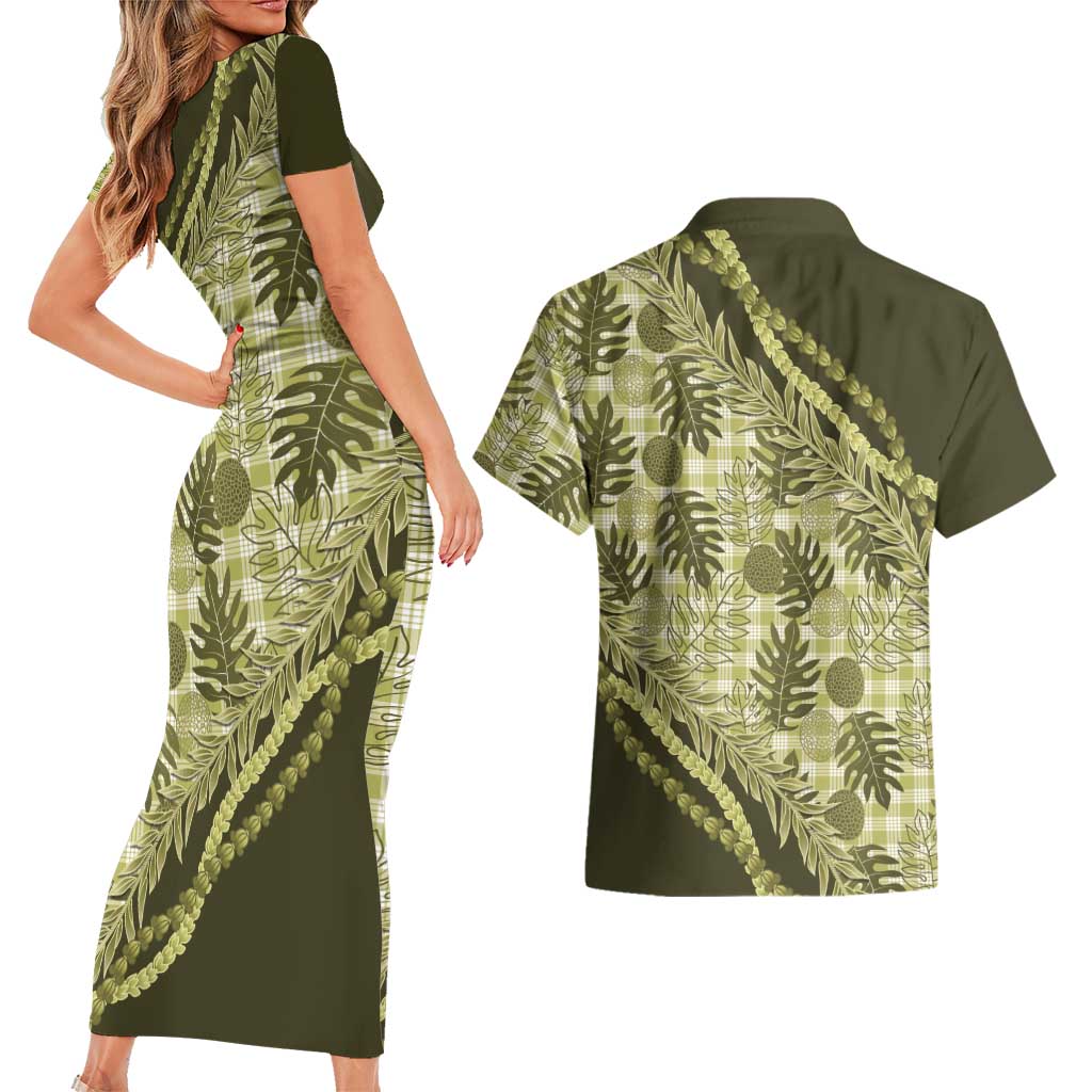Hawaii Breadfruit Palaka Couples Matching Short Sleeve Bodycon Dress and Hawaiian Shirt Omaomao Maile Lei LT9 - Polynesian Pride