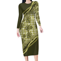 Hawaii Breadfruit Palaka Family Matching Long Sleeve Bodycon Dress and Hawaiian Shirt Omaomao Maile Lei LT9 Mom's Dress Green - Polynesian Pride