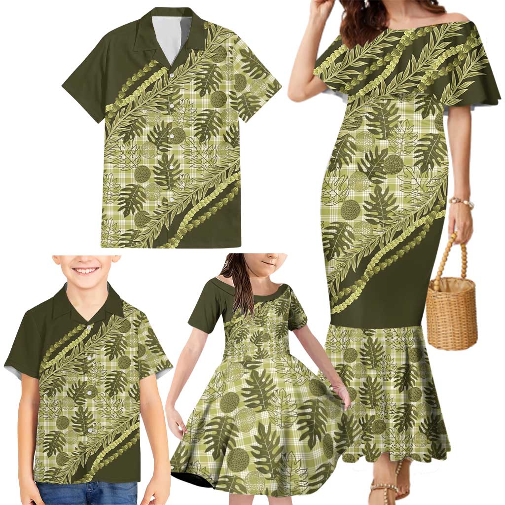 Hawaii Breadfruit Palaka Family Matching Mermaid Dress and Hawaiian Shirt Omaomao Maile Lei LT9 - Polynesian Pride