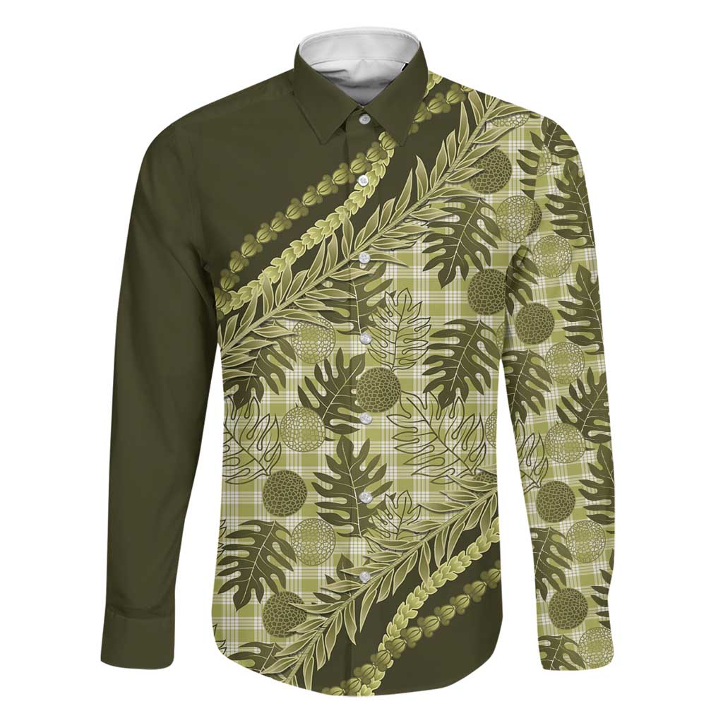 Hawaii Breadfruit Palaka Family Matching Mermaid Dress and Hawaiian Shirt Omaomao Maile Lei LT9 Dad's Shirt - Long Sleeve Green - Polynesian Pride