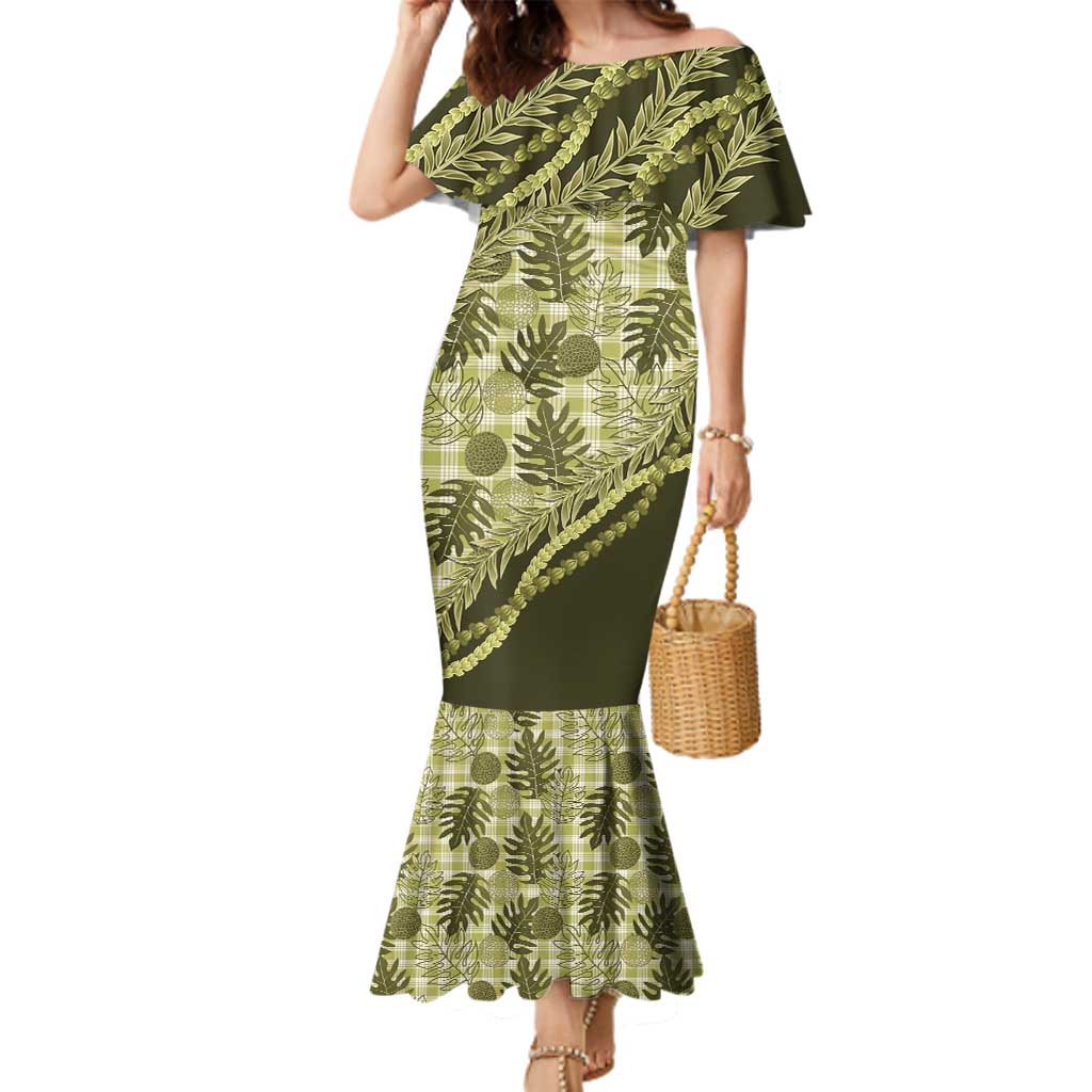 Hawaii Breadfruit Palaka Family Matching Mermaid Dress and Hawaiian Shirt Omaomao Maile Lei LT9 Mom's Dress Green - Polynesian Pride