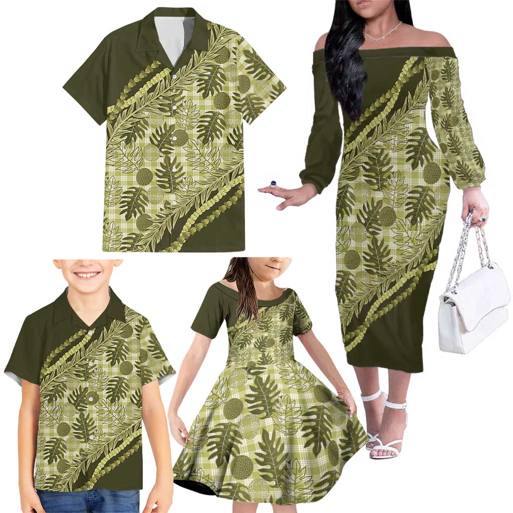 Hawaii Breadfruit Palaka Family Matching Off The Shoulder Long Sleeve Dress and Hawaiian Shirt Omaomao Maile Lei LT9 - Polynesian Pride