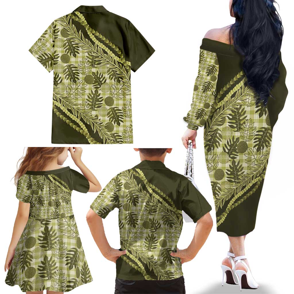 Hawaii Breadfruit Palaka Family Matching Off The Shoulder Long Sleeve Dress and Hawaiian Shirt Omaomao Maile Lei LT9 - Polynesian Pride