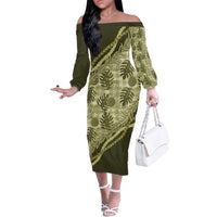 Hawaii Breadfruit Palaka Family Matching Off The Shoulder Long Sleeve Dress and Hawaiian Shirt Omaomao Maile Lei LT9 Mom's Dress Green - Polynesian Pride