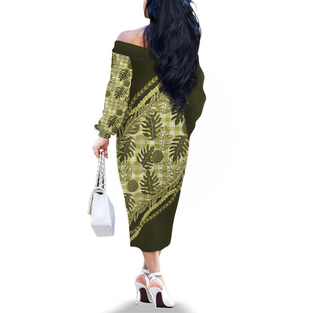 Hawaii Breadfruit Palaka Family Matching Off The Shoulder Long Sleeve Dress and Hawaiian Shirt Omaomao Maile Lei LT9 - Polynesian Pride
