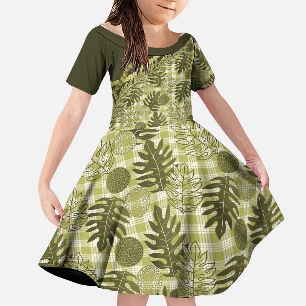 Hawaii Breadfruit Palaka Family Matching Off Shoulder Maxi Dress and Hawaiian Shirt Omaomao Maile Lei LT9 Daughter's Dress Green - Polynesian Pride