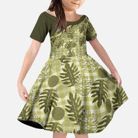 Hawaii Breadfruit Palaka Family Matching Off Shoulder Maxi Dress and Hawaiian Shirt Omaomao Maile Lei LT9 Daughter's Dress Green - Polynesian Pride