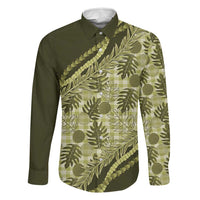 Hawaii Breadfruit Palaka Family Matching Off Shoulder Maxi Dress and Hawaiian Shirt Omaomao Maile Lei LT9 Dad's Shirt - Long Sleeve Green - Polynesian Pride