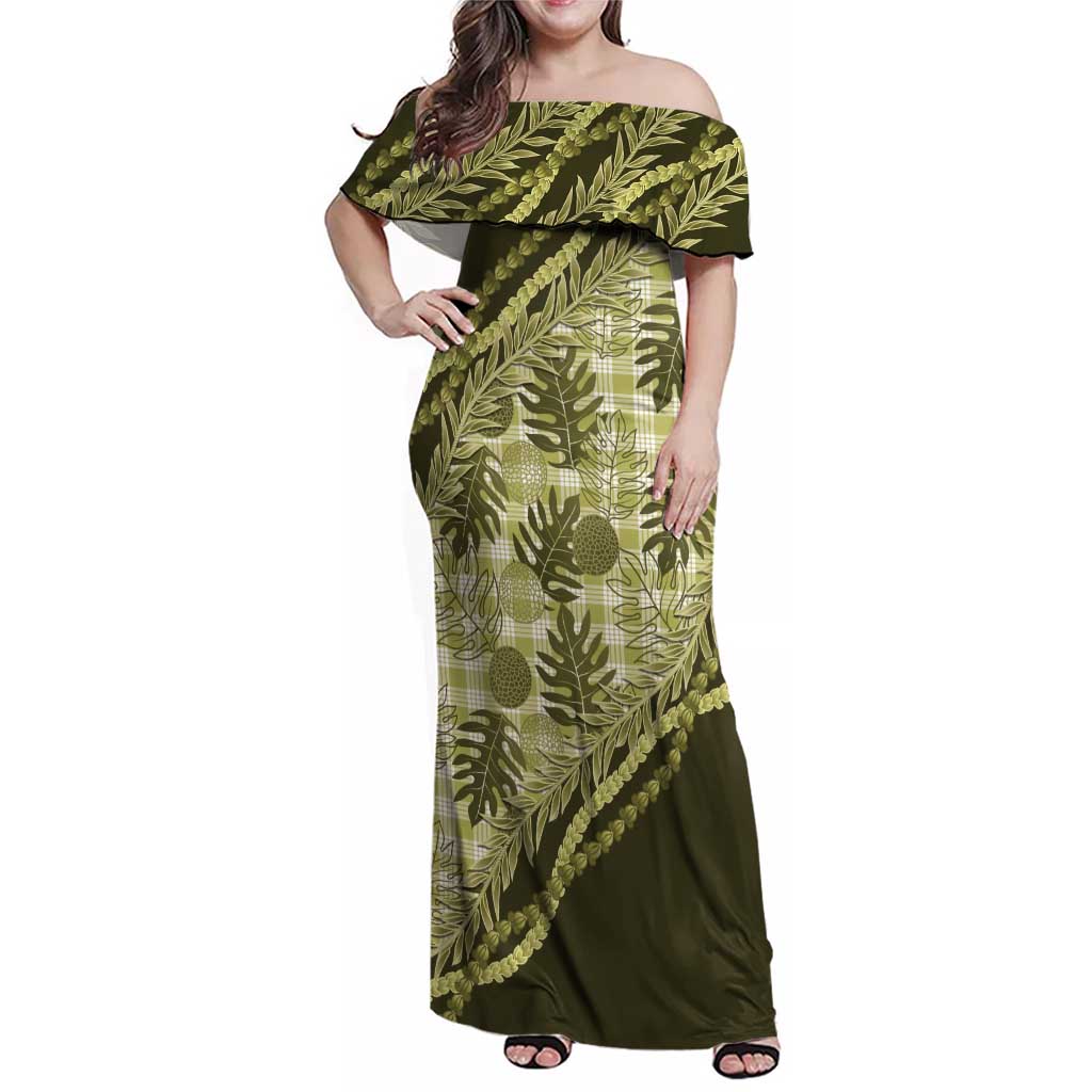 Hawaii Breadfruit Palaka Family Matching Off Shoulder Maxi Dress and Hawaiian Shirt Omaomao Maile Lei LT9 Mom's Dress Green - Polynesian Pride