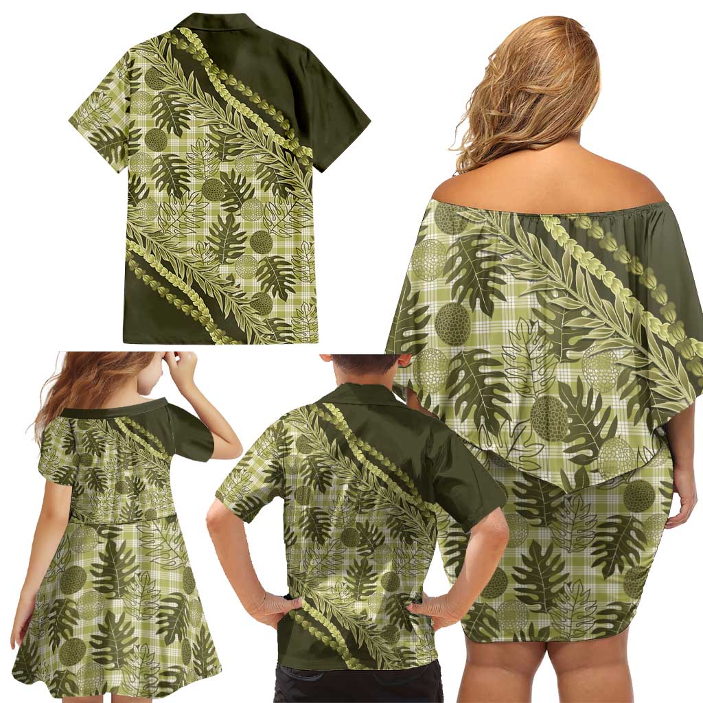 Hawaii Breadfruit Palaka Family Matching Off Shoulder Short Dress and Hawaiian Shirt Omaomao Maile Lei LT9 - Polynesian Pride