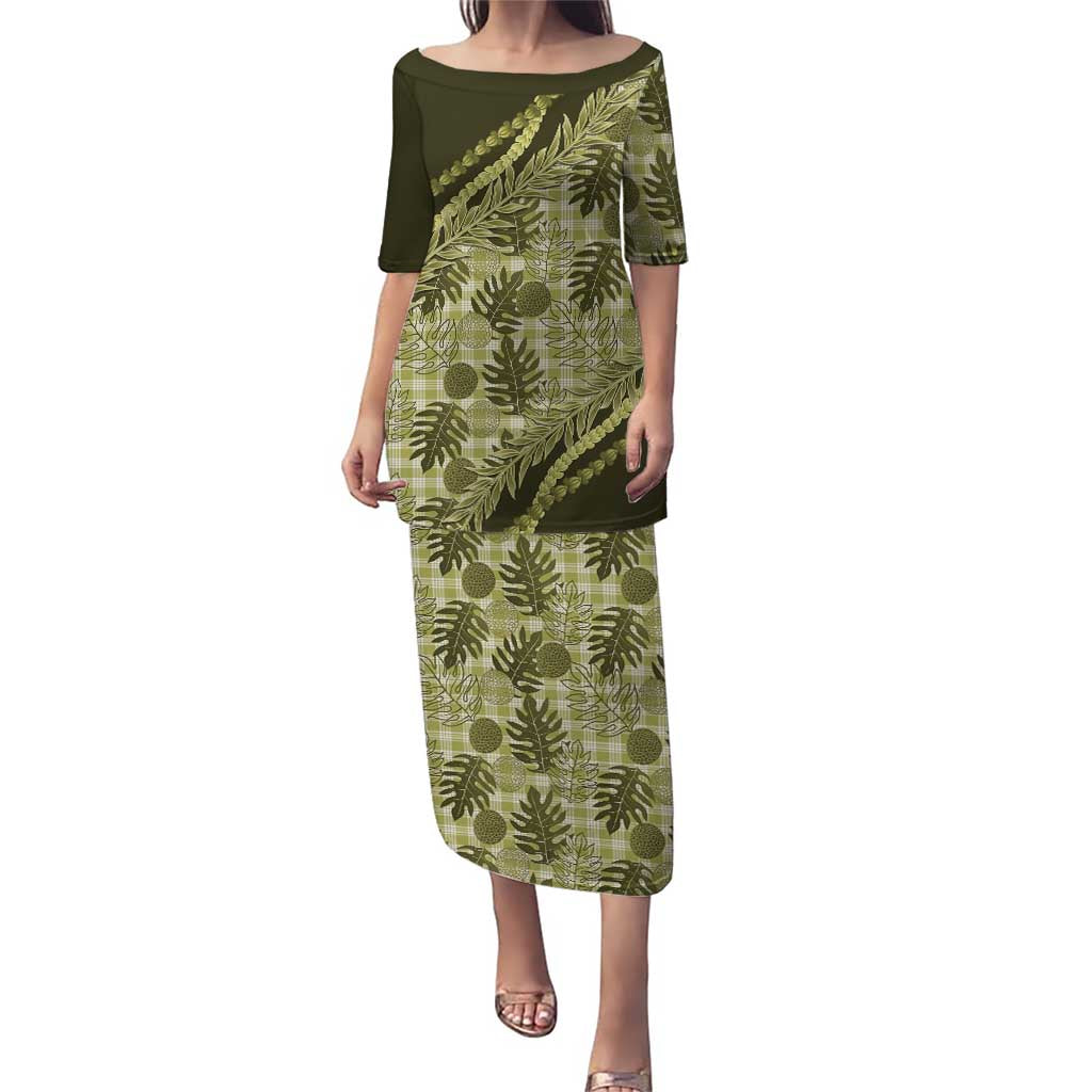 Hawaii Breadfruit Palaka Family Matching Puletasi and Hawaiian Shirt Omaomao Maile Lei LT9 Mom's Dress Green - Polynesian Pride