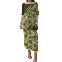 Hawaii Breadfruit Palaka Family Matching Puletasi and Hawaiian Shirt Omaomao Maile Lei LT9 Mom's Dress Green - Polynesian Pride