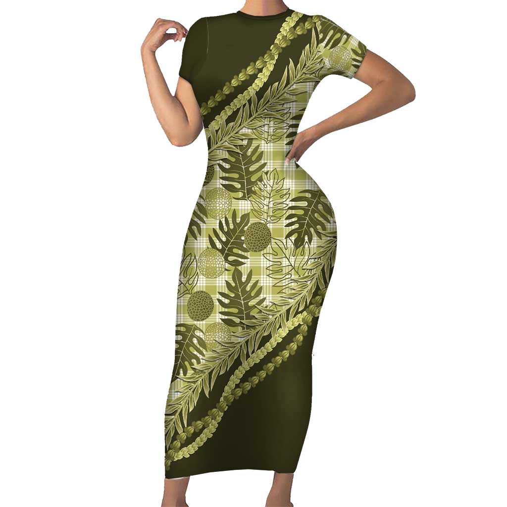 Hawaii Breadfruit Palaka Family Matching Short Sleeve Bodycon Dress and Hawaiian Shirt Omaomao Maile Lei LT9 Mom's Dress Green - Polynesian Pride
