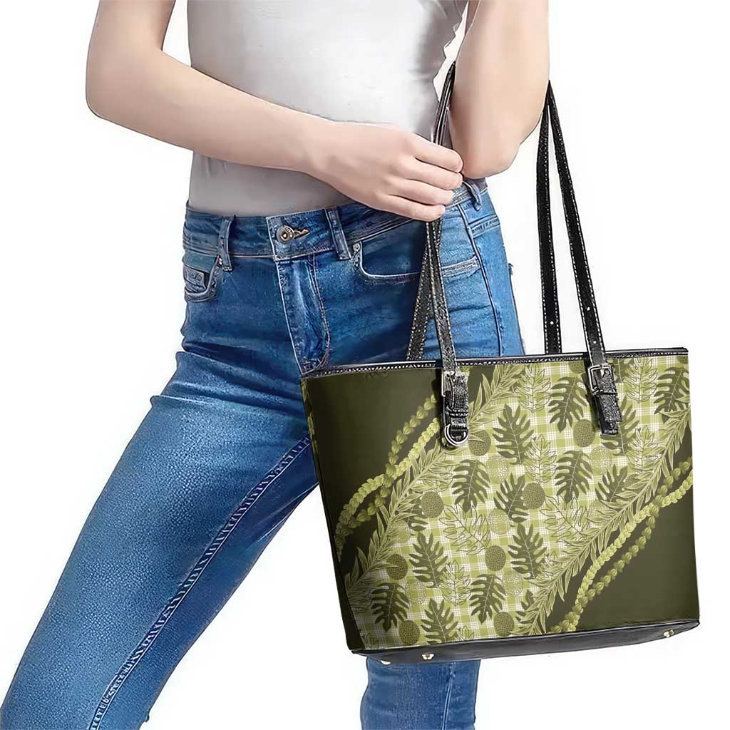 Hawaii Breadfruit Palaka Leather Tote Bag Omaomao Maile Lei - Polynesian Pride